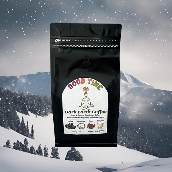 Dark Earth Coffee 30 servings - Ground Dark Roast Mushroom Infused Coffee - Good Times